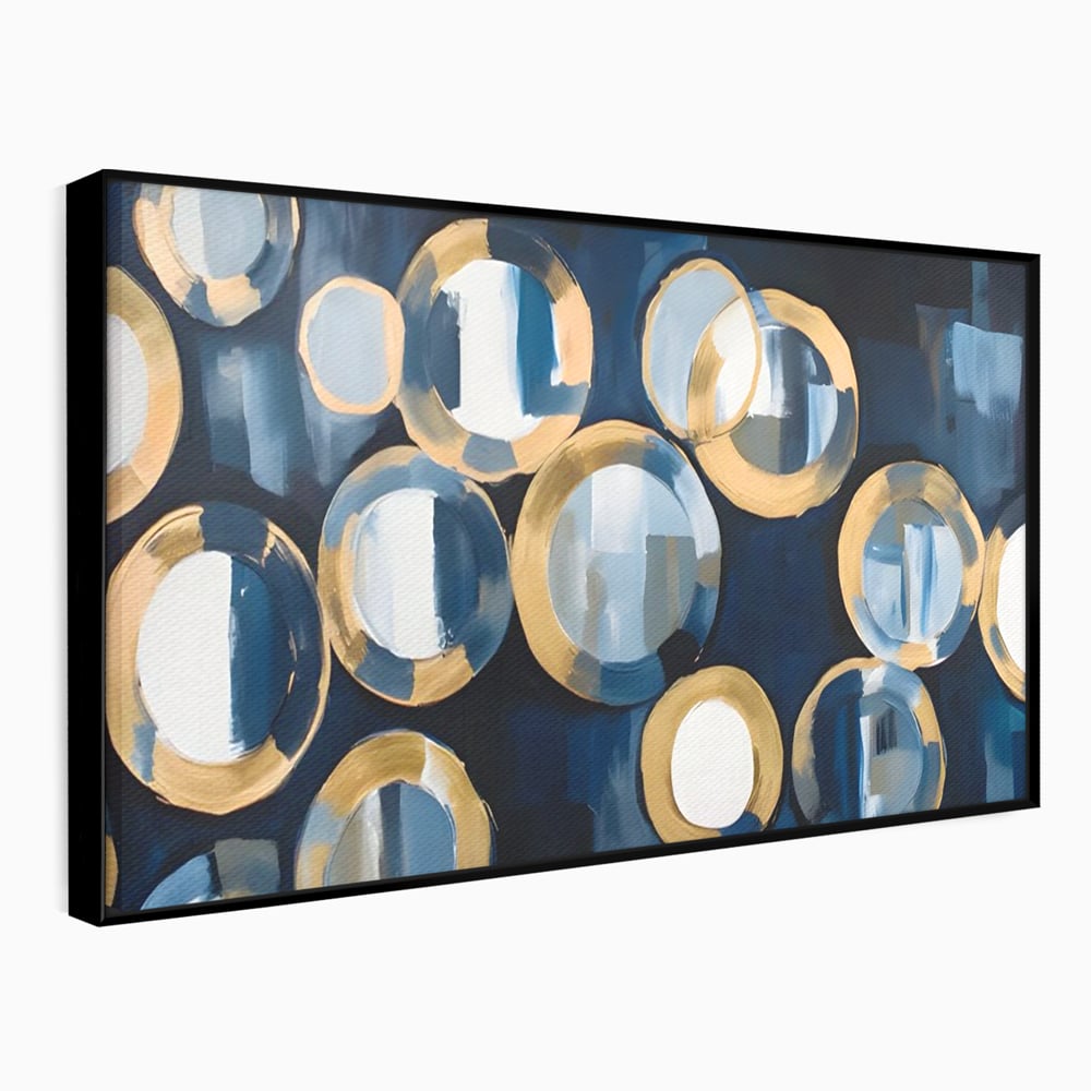Tablou canvas cu pictura abstracta cu cercuri albastre si aurii, in rama de aluminiu negru